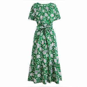 J.Crew Green Floral Midi Dress BY517 Size 00 Spring 2024 Cottagecore Belted